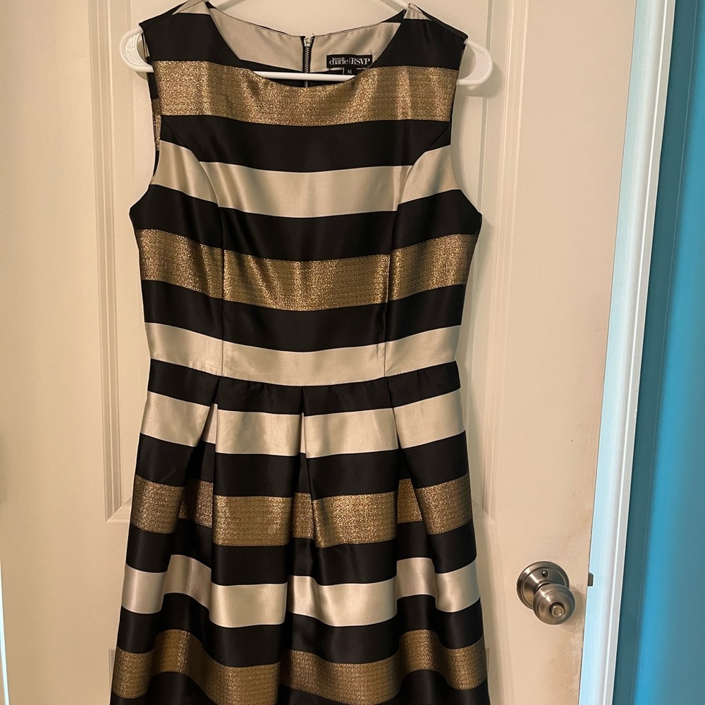 Eliza J Black and Gold Pleated Midi Cocktail Dress